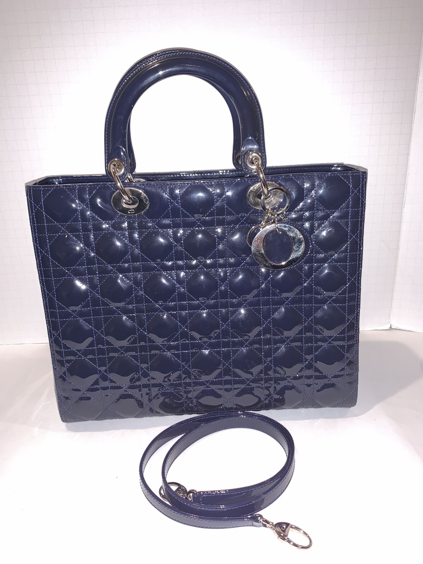 AUTHENTIC Christian Dior patent leather lady Dior navy blue handbag satchel