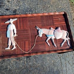 Wood Wall Art Plaque Man Leading Donkey