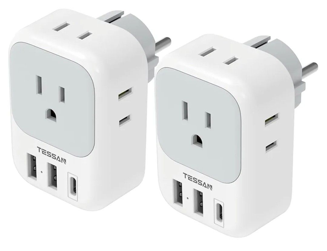 0189: New TESSAN 2 Pack Type E F Plug Adapter USB C, Germany France Power Adaptor with 3 USB Charger Ports, 4 AC Outlets Travel Plug for US to Europe