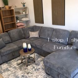 Beautiful! 4-Pc Corduroy Sectional Sofa With Pullout Bed, Double Pullout Bed, And USB Port 