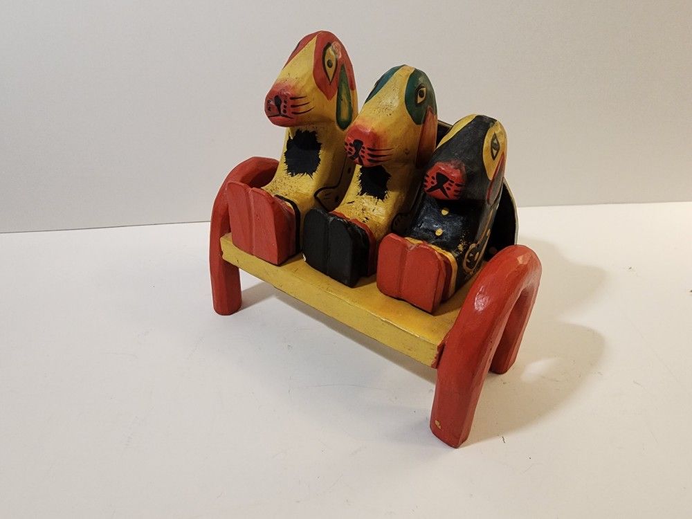 Vintage Wood Carved Hand-painted Dogs On Bench Vintage Folk Art, Indonesia