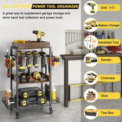 Metal Power Tool Drill Organizer Storage Shelves Cart Holder Rack with Lockable Wheels Size Length 17", Width 12", Height 34"  New Condition