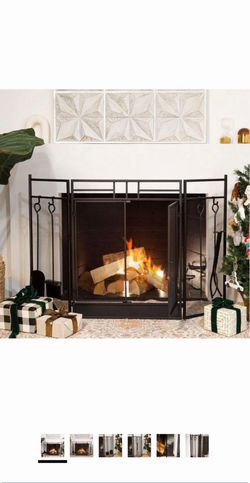 Barton 3-Panel Folding Fireplace Screen W/Magnetic Doors and 4-Pieces Fire Place Tools Set Home Steel Fire Spark Guard, Black   26 $70