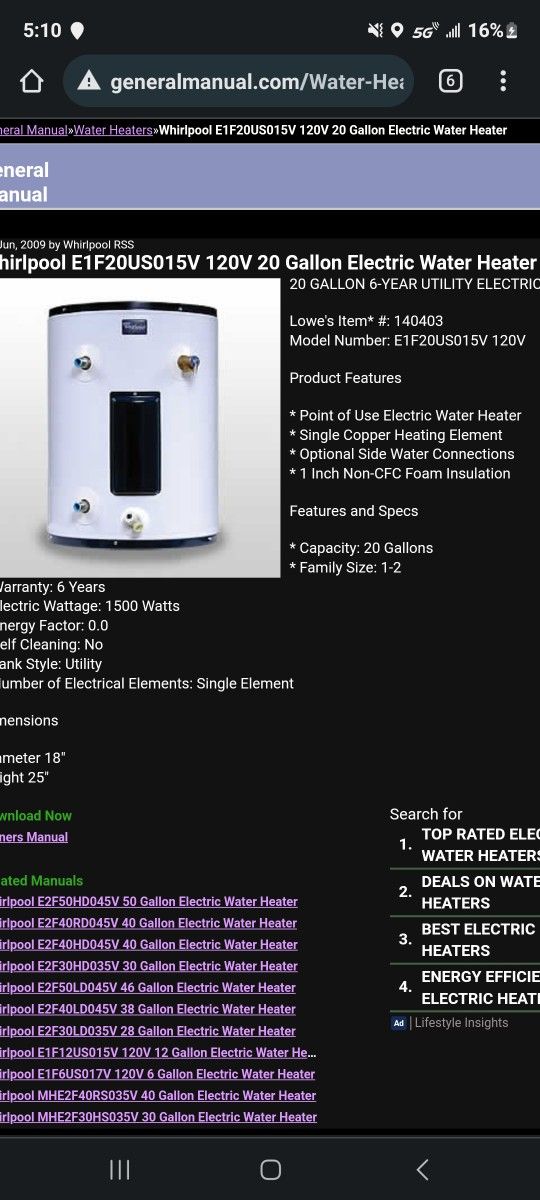 19 gallon Whirlpool hot water heater and model number is E1F20US015V for  Sale in Owensboro, KY - OfferUp
