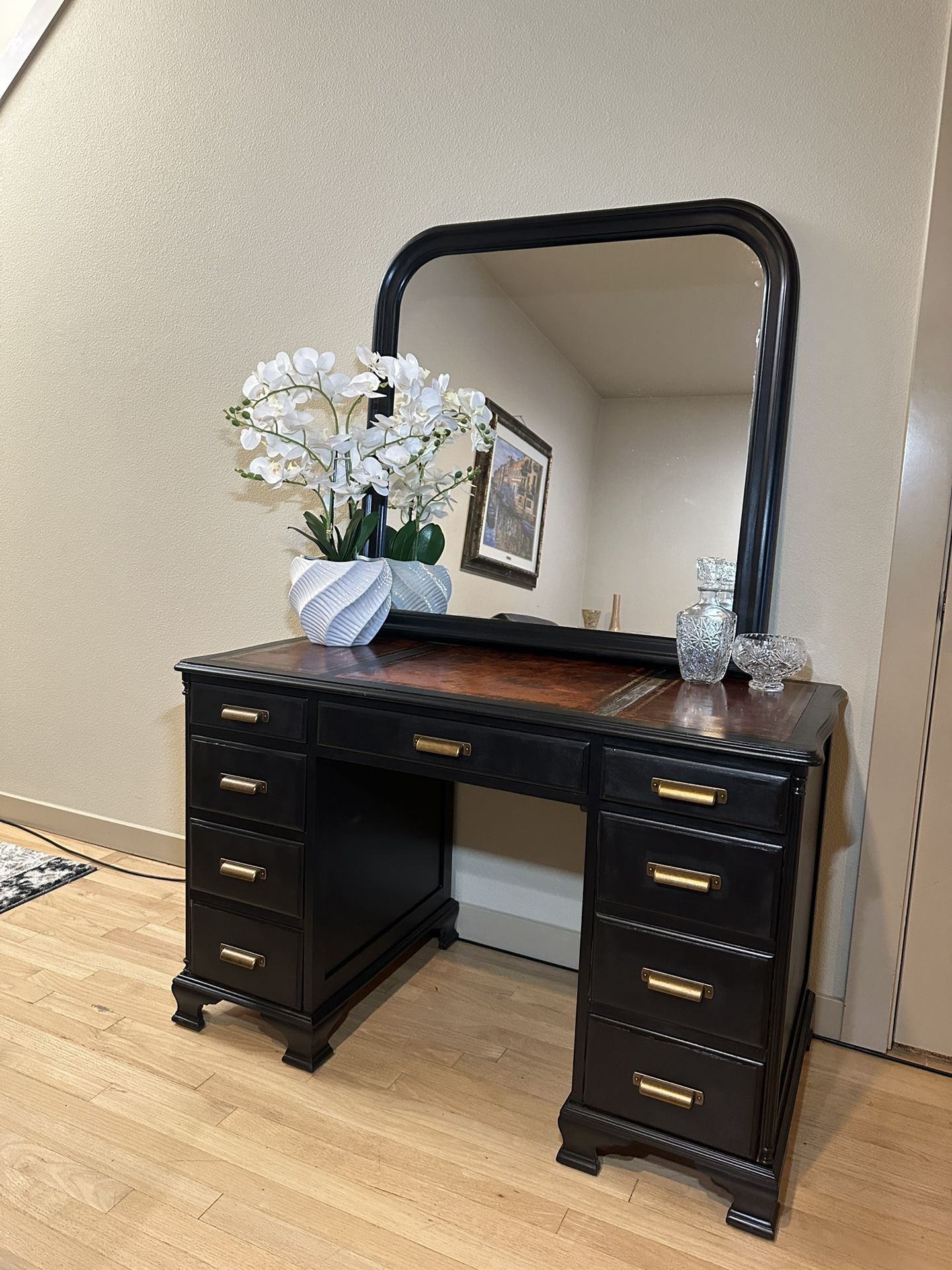 Antique Vanity / Desk With Brass & Leather
