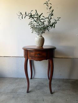 Vintage Round Inlay Accent Table with Drawer | French Provincial Side Table