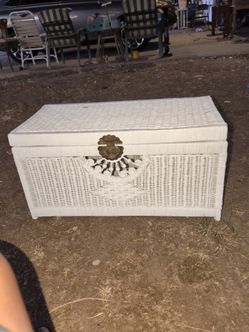 Vintage White Wicker Storage Trunk With Brass Hardware