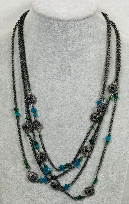 Coldwater Creek Four Strand 12 In Necklace W/Blue Rhinestones Blue Sea Glass &3 In Extension
