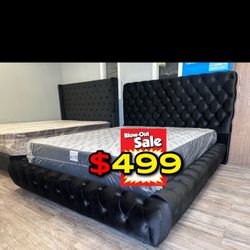 Queen Black Platform Bed With Ortho Mattress Included 
