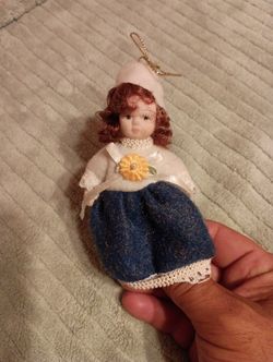 Vintage Porcelain Doll Small Hat Dress Blue White