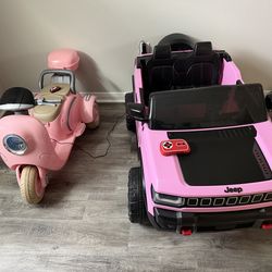 Electric Pink ride on jeep and scooter