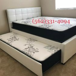 FULL/TWIN WHITE TRUNDLE BED W. ORTHOPEDIC MATTRESSES INCLUDED 