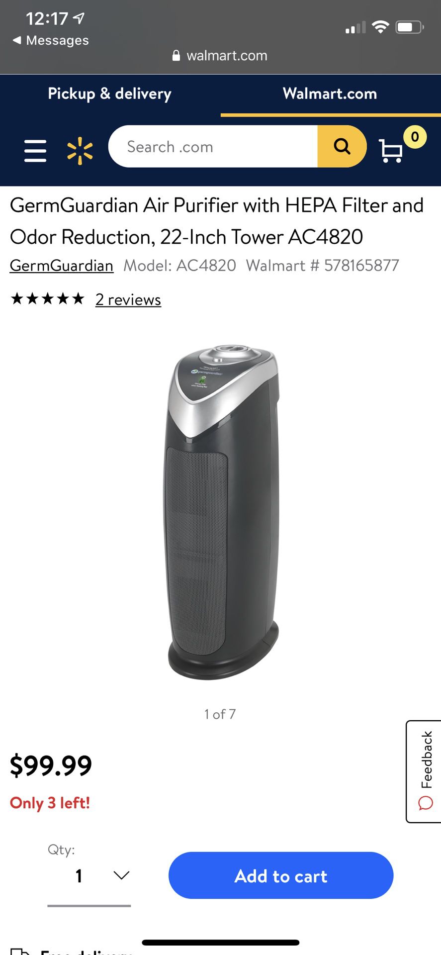 GermGardian Air Purifier with HEPA Filter and Odor Reduction, 22-inch Tower AC4820 - still in great condition!
