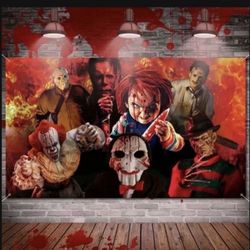 Classic Scary Movie Character Backdrop Banner for Halloween Party Decoration and Photo Booth Props