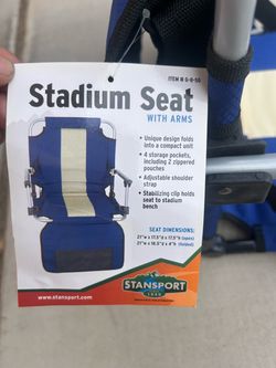 New Stansport Tubular Frame Folding High school college gym gymnasium Stadium Seat with Arms in blue and tan
