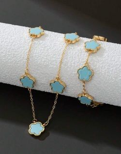 1 Set Colorful & Stylish Blue Lucky Clover Flower Beaded Bracelet + Necklace