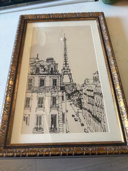 Vintage Framed Paris Eiffel Tower Sketch Print
