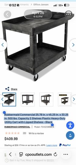 cart with tools Rub bermaid Commercial 25.78 in. x 45.25 in. × 33.25 in. 500 Ibs. Capacity 2 Shelves Plastic Heavy-Duty Utility Cart with Lipped Shelv