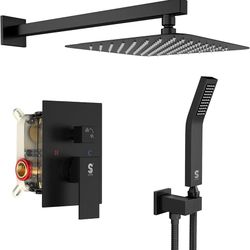 SR SUN RISE Black Square Rainfall Shower Head and Handle Set, Wall Mounted Shower Fixtures, Metal Shower Faucet Trim Repair Kits (With Shower Valve)