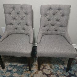 Chairs Pair Grey Cloth On Wood Frame 