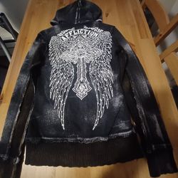 Affliction Rinestone Angel Wings Cross Jacket Women's  Small 