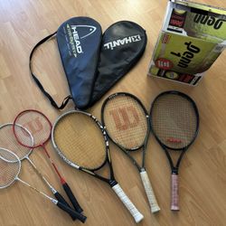 3 Tennis Rackets, Penn Tennis Balls, 3 Badminton Rackets