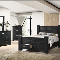 4PC BEDROOM SET WITH STORAGE DRAWERS – BEDFRAME, DRESSER, MIRROR & NIGHTSTAND  (QUEEN/KING)