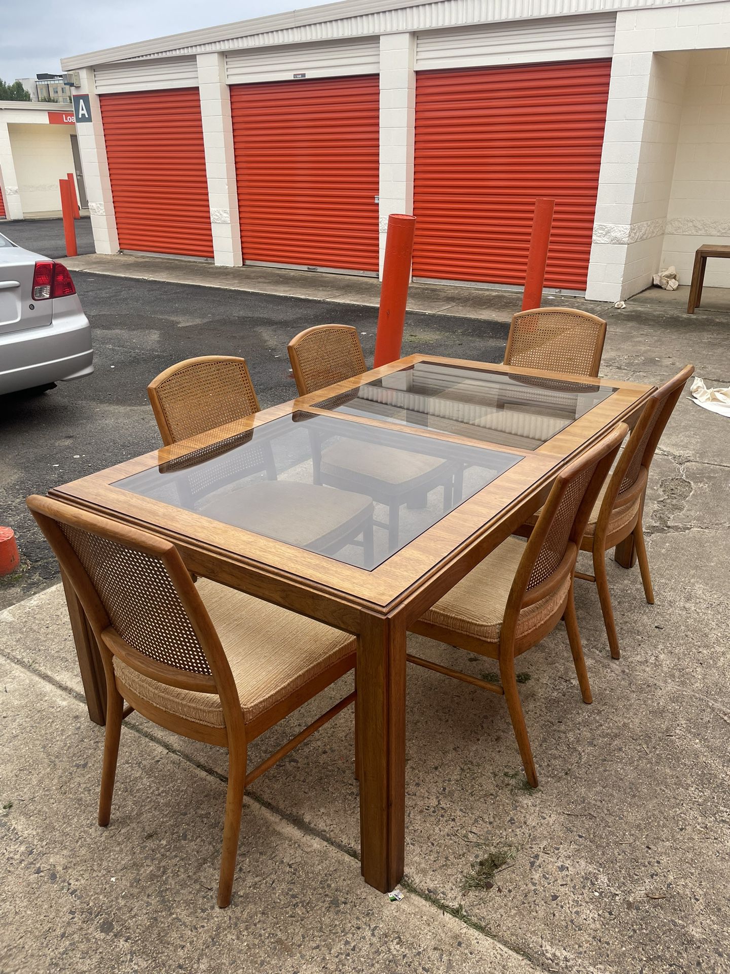 Drexel "Consensus" Modernist Wood and Glass Top Extension Dining Table, 1970s  With Chairs