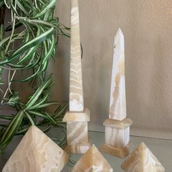 Alabaster Egyptian Obelisks And Pyramid Sculptures Set