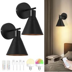 Modern Wireless Battery Operated Wall Sconces, Black Rechargeable Cordless LED Wall Lights Set of Two, Dimmable Battery Powered Wall Decor Lamp Fixtur