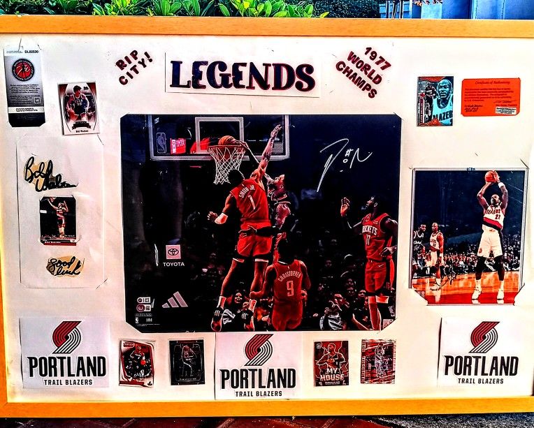 Portland Trail Blazers "Legends" Collage featuring signed photos of NBA players Damian Lillard, Clyde Drexler, and Bill Walton.