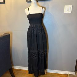 Y2K Fella Moda Black Smocked Eyelet Maxi Dress | S