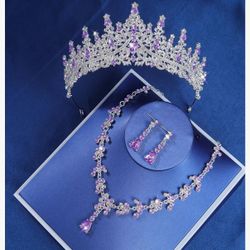 NEW Tiara Crown Jewelry Set, Rhinestone Silver Crown, Silver And Purple Crown, Silver And Purple Necklace Earrings, Quinceanera, Sweet 16