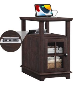 HIFYOBRO Narrow side table with folding charging station, adjustable shelf, type C port and USB and power outlets, side table with storage for living 