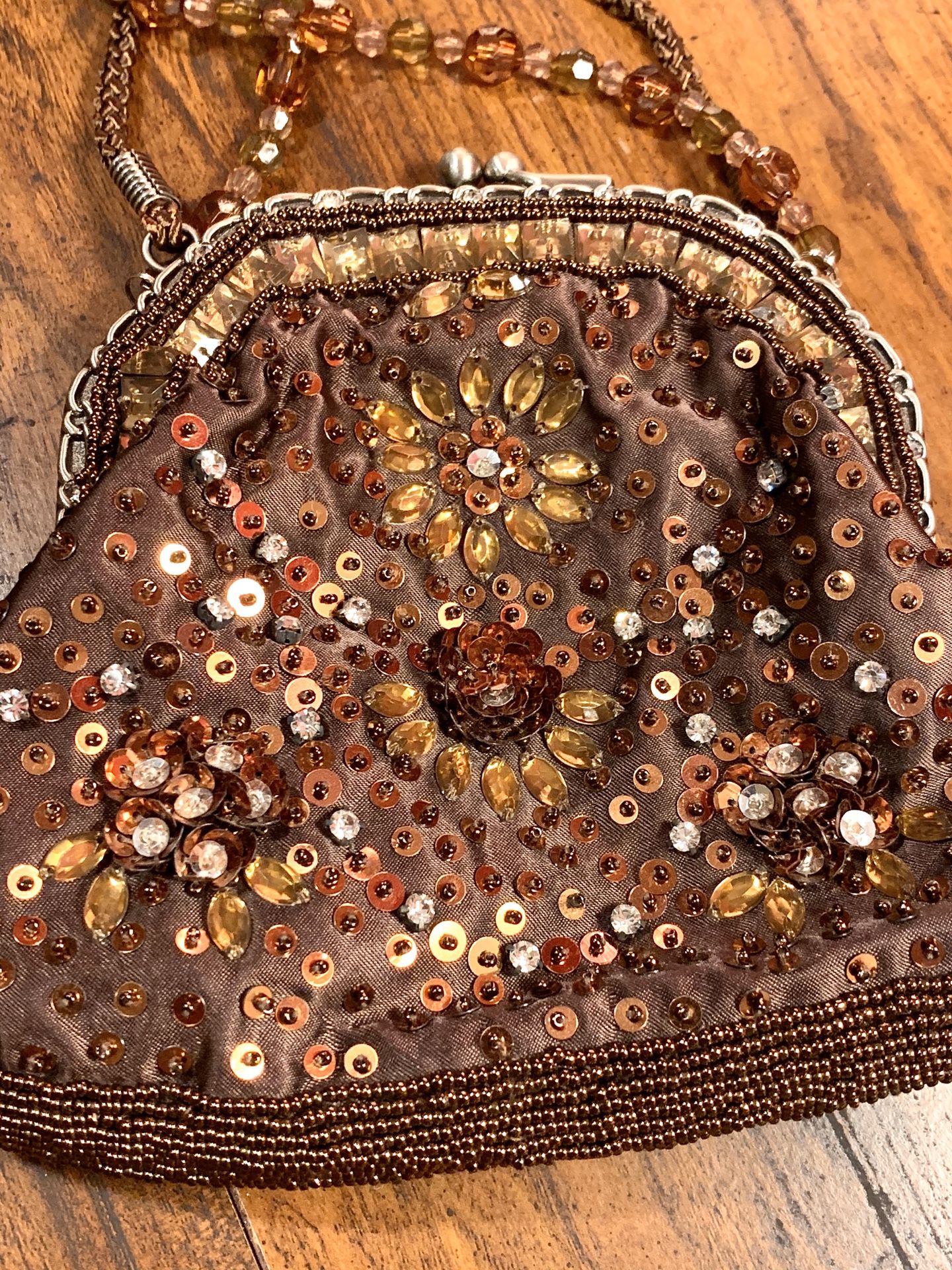 Beaded Purse Evening Bag Top Clasp Sequins Brown Retro Style