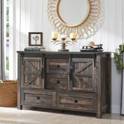 OKD 48" Farmhouse Dresser 4 Drawer Modern Storage Cabinet for Bedroom, Chest of Drawers Wood Organizer for Living Room,Dark Rusitc Oak