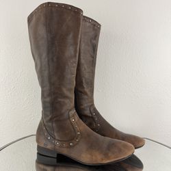 BORN Cognac Brown Leather Lizzie Western Studded Tall Knee High Riding Boots
