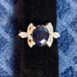 Large Caret Blue Sapphire Silver Ring 