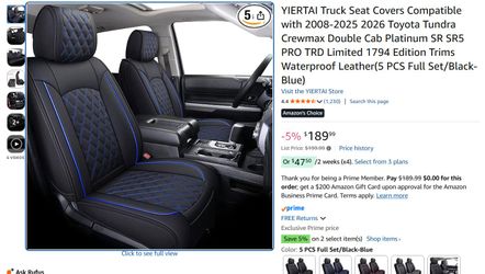 Toyota Tundra 2008-2026 Truck Seat Covers Full Set PU Leather Black with Blue Lines