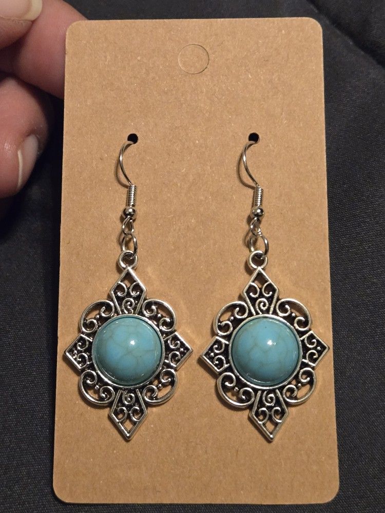 Turquoise Earrings Bohemian Chic Boho Hook Silvery Dangle Handmade NEW