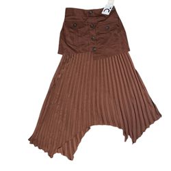 Commense Asymmetrical Pleated High-Waist Skirt Brown Size S NWT 