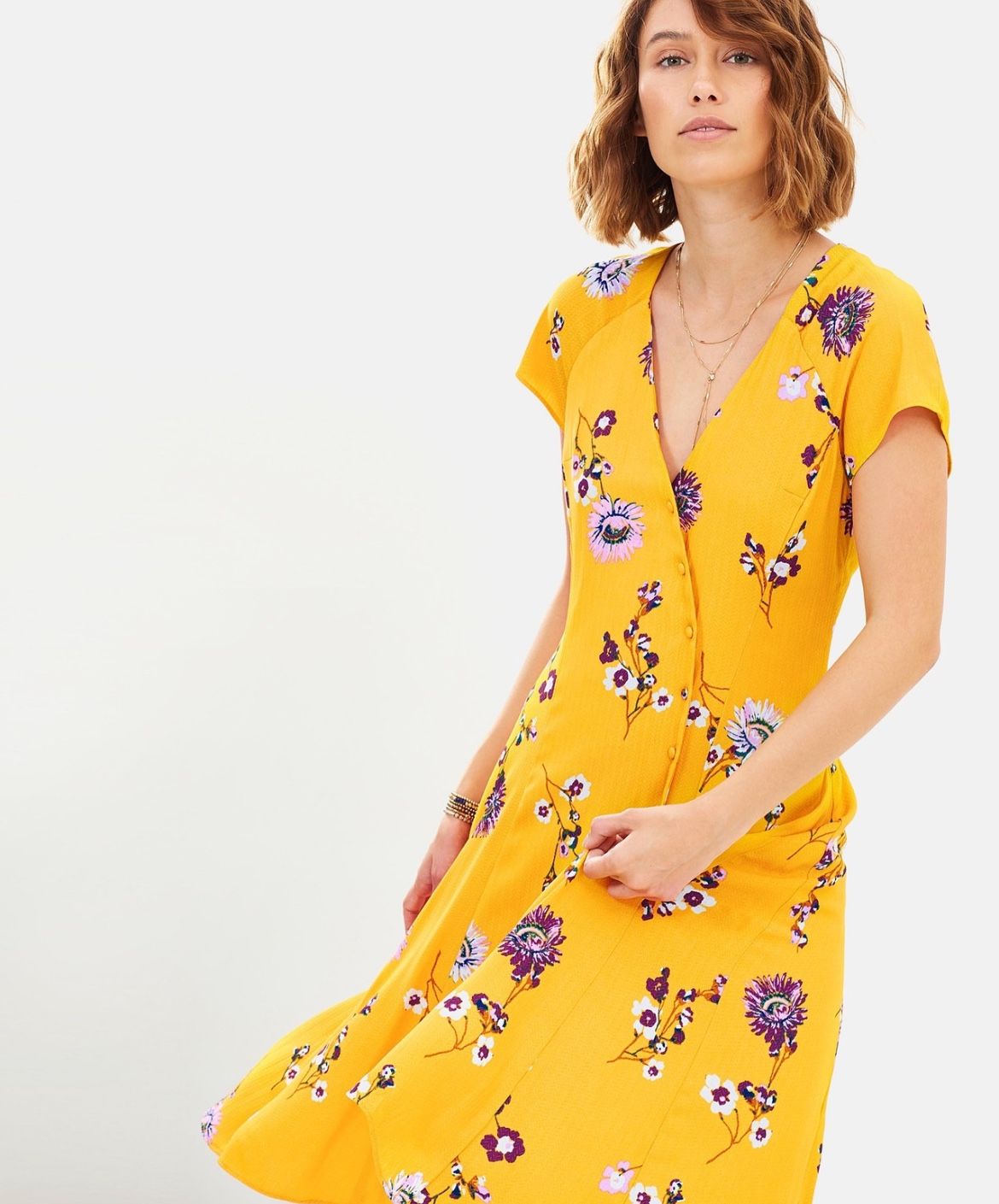Free people lost in you golden yellow flower high low midi short sleeve dress M