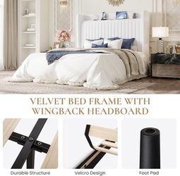 C69 $90  Full Size Velvet Bed Frame with Shelf, Charging Station, White Wingback Storage Headboard, Upholstered Platform Bed, Wooden Slats Support, No