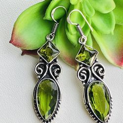 Green Peridot Quartz Sterling Silver 2.2” Earrings