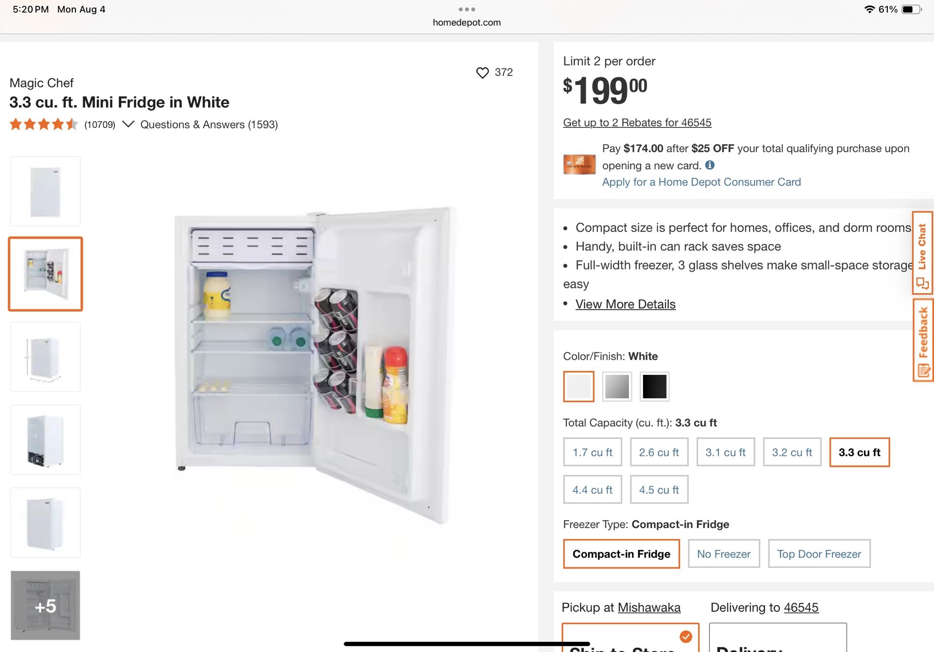 Magic Chef 3.3 Cubic Feet Mini Refrigerator White