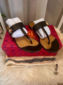 Tory Burch Kira Thong Sandals Calf Leather/Patent Perfect Blk 8.5