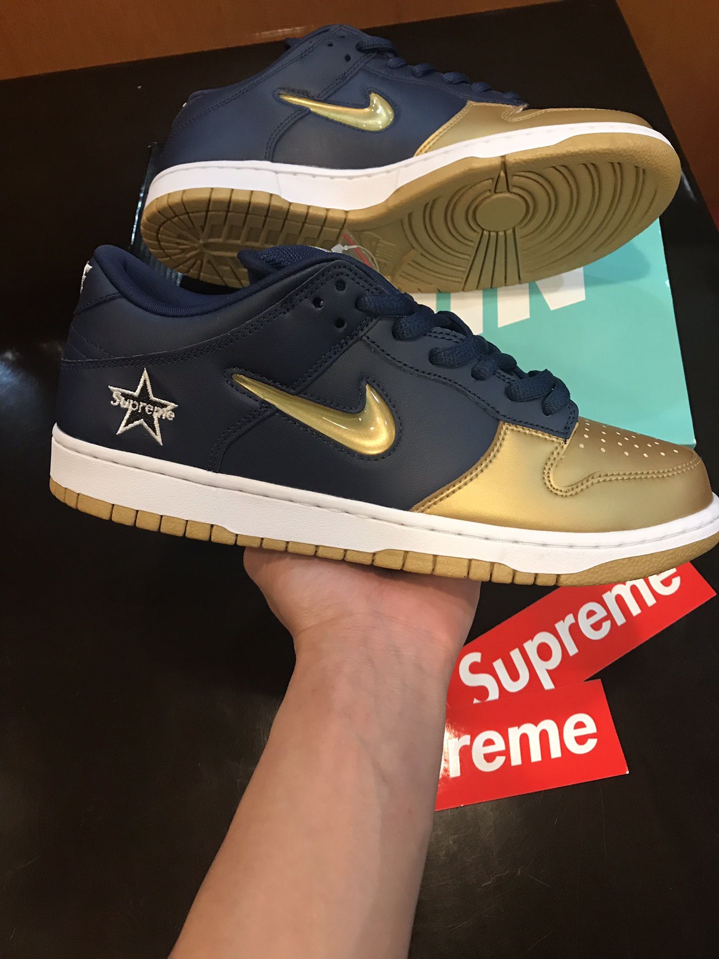 Nike Supreme SB Dunk Low Gold Blue Size 10