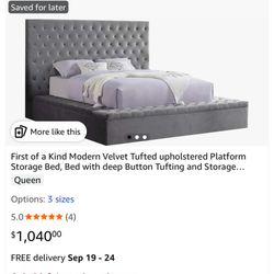 Modern Velvet Tufted Upholstered Platform Storage Bedframe QUEEN NEED GONE 