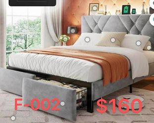 （F-002）Full Size Bed Frame with 2 Drawers & Storage Platform Upholstered Bed Frame with Headboard & LED Lights & Charge Station, Gray