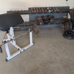 Bar w/ Weights, Dumbbells & Rack